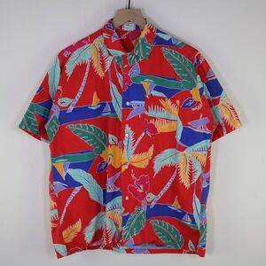 Vintage Izod Lacoste Tropical Palm Tree Short Sleeve Button Up Shirt Mens Large